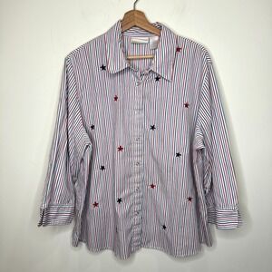 Alfred Dunner Snap Button Up Blouse‎ 2X Stripe Stars Patriotic USA Collar Shirt